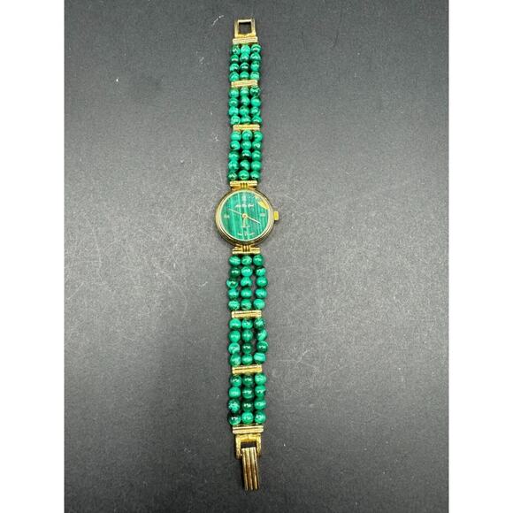 Vintage Art by God Malachite Gemstone Gold Tone Quartz Watch Beaded Band Working main image 6